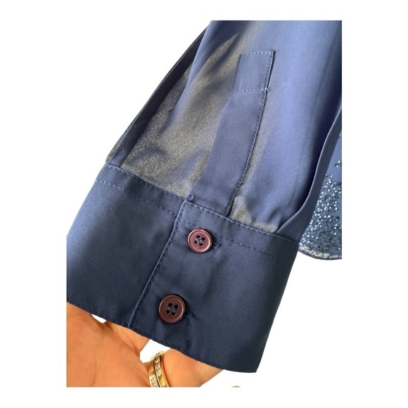 Chicos Cobalt Blue Split Neck Sequin Front Sheer Layered Occassion Blouse - Picture 2 of 13